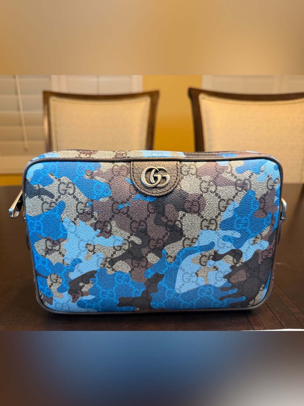 New Authentic Gucci GG Supreme Logo Leather Brown Blue Shoulder Bag - Picture 2 of 16